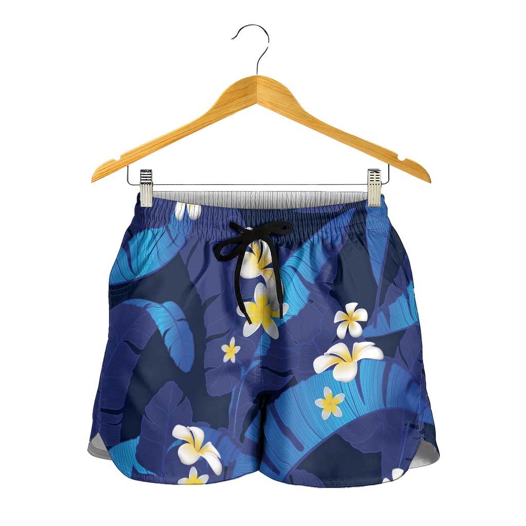 Teal Purple Banana Leaf Hawaii Shorts for Women Lau Maia Plumeria Tropical Summer Vibes