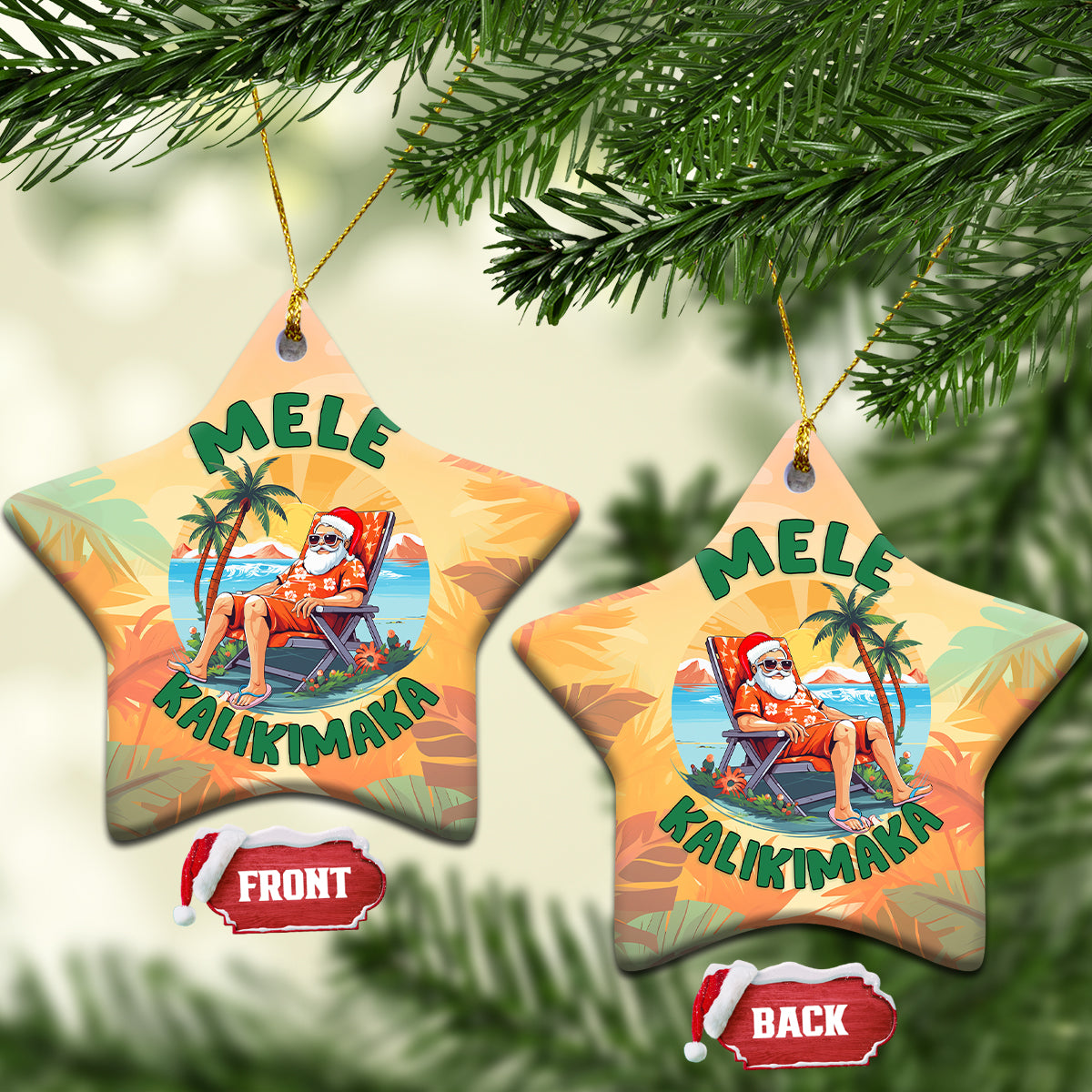 Hawaiian Christmas Ceramic Ornament Mele Kalikimaka Tropical Xmas in Hawaii Sunbath Santa TS02 Star Orange - Polynesian Pride