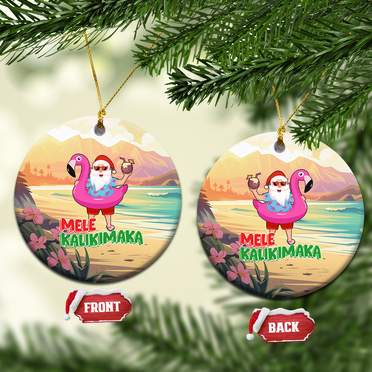 Hawaiian Christmas Ceramic Ornament Mele Kalikimaka Tropical Xmas in Hawaii Beach Santa TS02 Circle Sand - Polynesian Pride