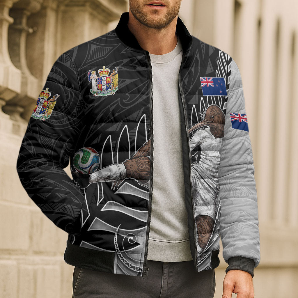 Personalized New Zealand Football Bomber Puffer Jacket Kiwi Mascot with Silver Fern - Maori Tribal Tattoo Art TS04 - Polynesian Pride