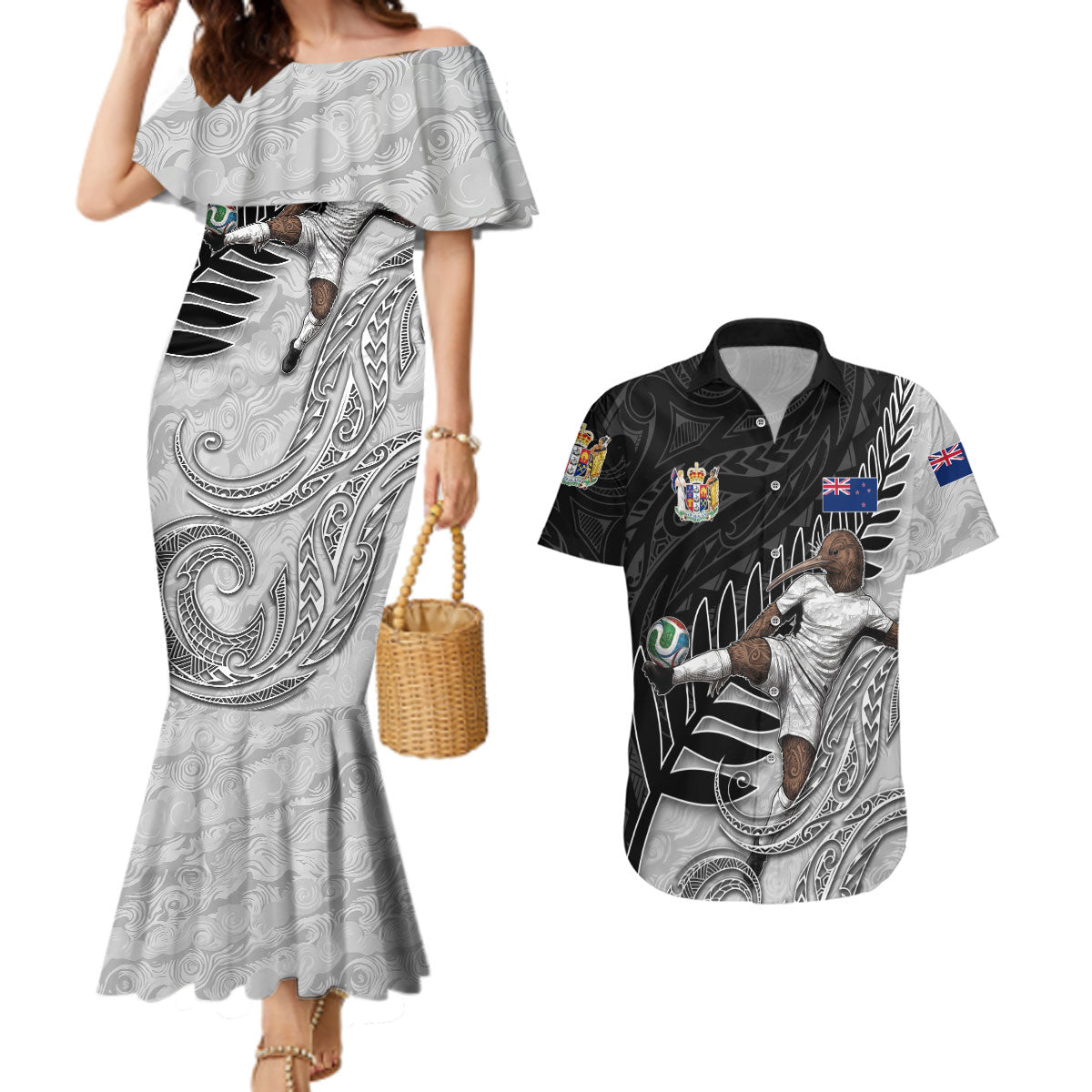 Personalized New Zealand Football Couples Matching Mermaid Dress and Hawaiian Shirt Kiwi Mascot with Silver Fern - Maori Tribal Tattoo Art TS04 Black White - Polynesian Pride