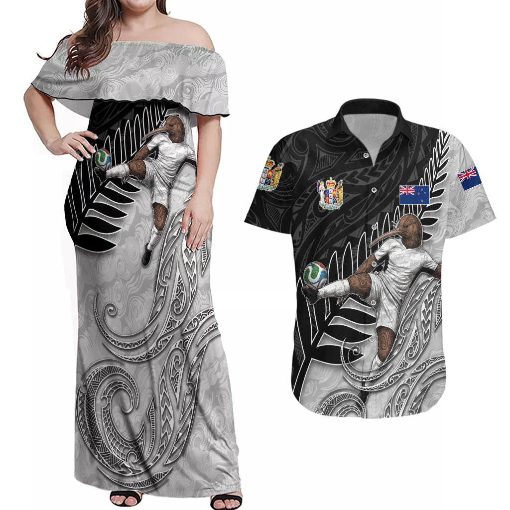 Personalized New Zealand Football Couples Matching Off Shoulder Maxi Dress and Hawaiian Shirt Kiwi Mascot with Silver Fern - Maori Tribal Tattoo Art TS04 Black White - Polynesian Pride