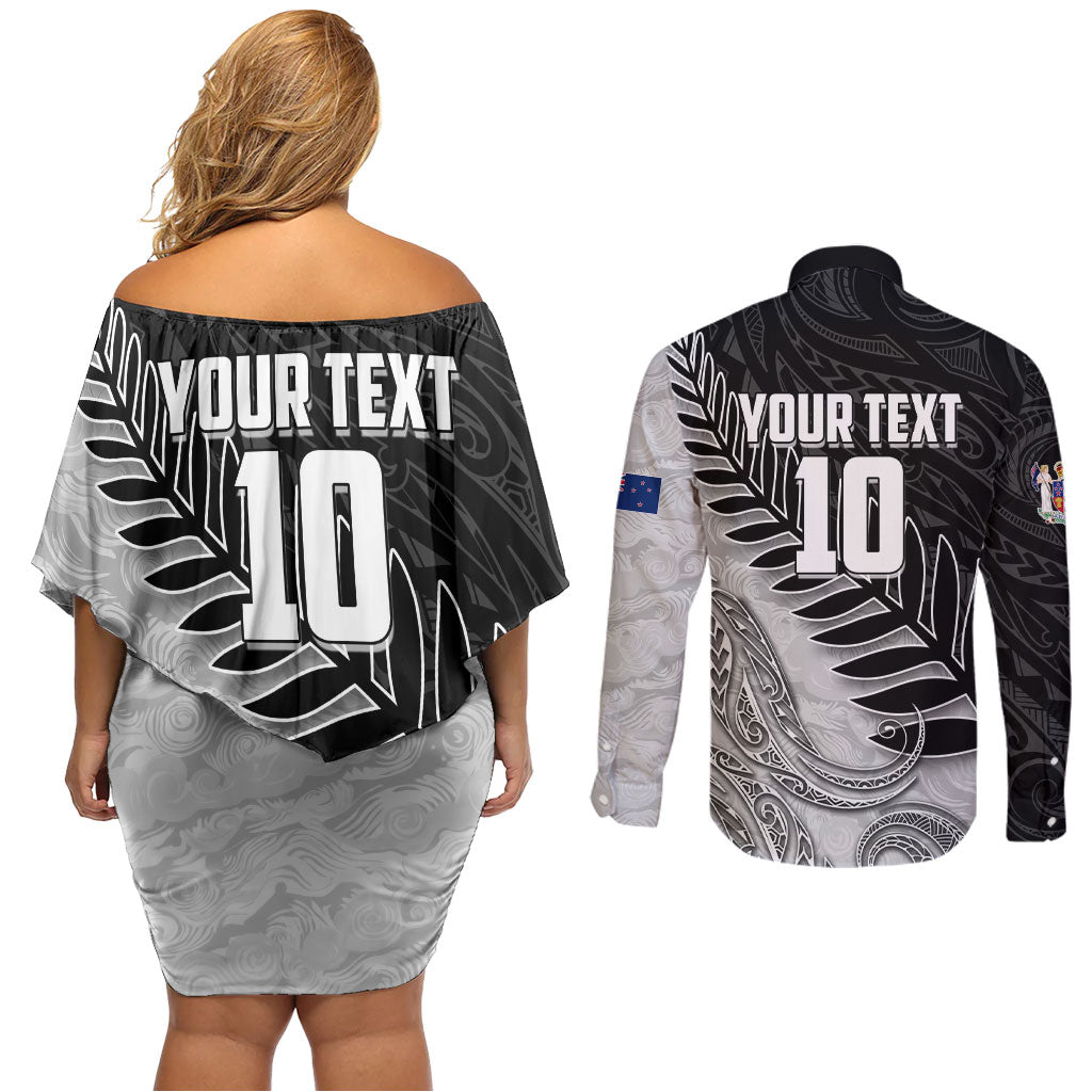 Personalized New Zealand Football Couples Matching Off Shoulder Short Dress and Long Sleeve Button Shirt Kiwi Mascot with Silver Fern - Maori Tribal Tattoo Art TS04 - Polynesian Pride
