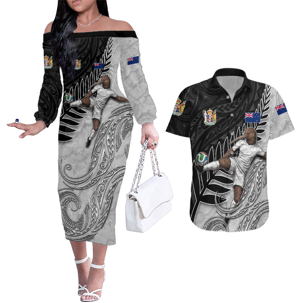 Personalized New Zealand Football Couples Matching Off The Shoulder Long Sleeve Dress and Hawaiian Shirt Kiwi Mascot with Silver Fern - Maori Tribal Tattoo Art TS04 Black White - Polynesian Pride