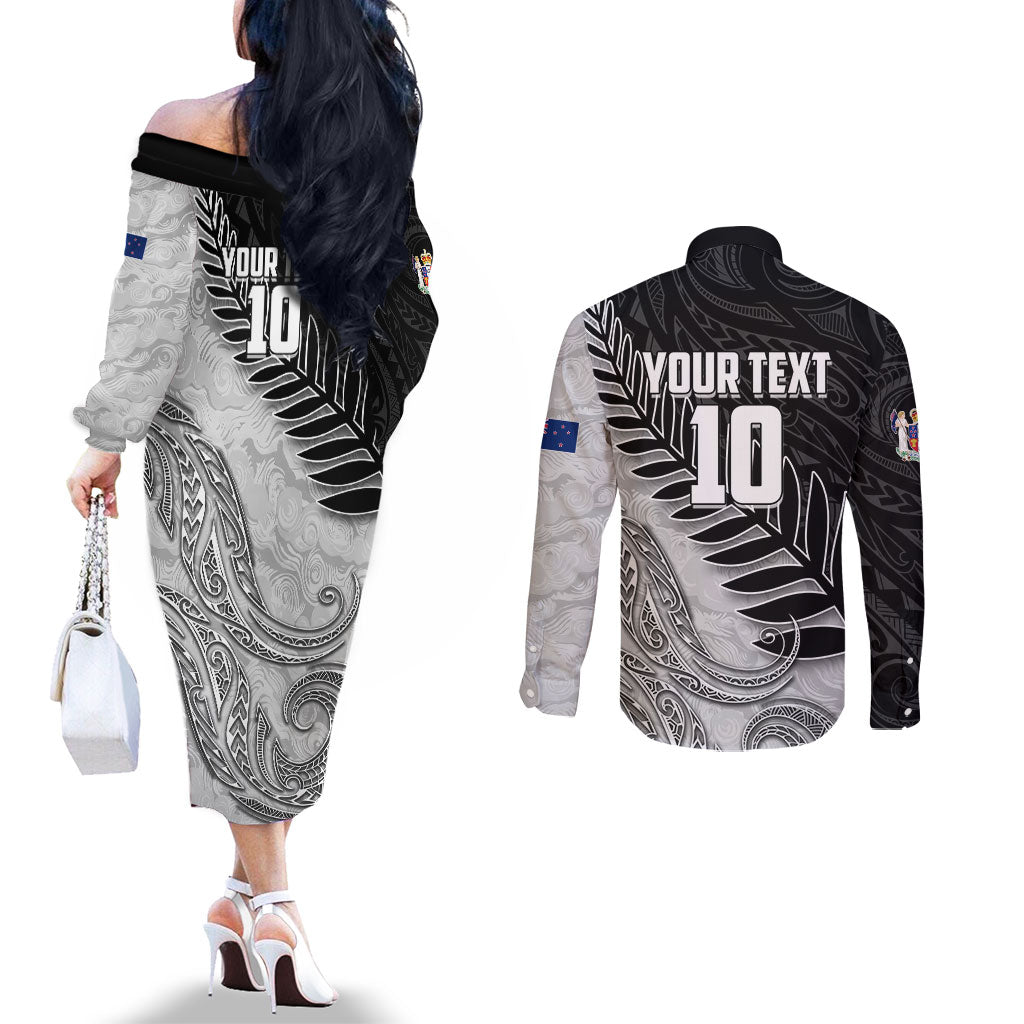 Personalized New Zealand Football Couples Matching Off The Shoulder Long Sleeve Dress and Long Sleeve Button Shirt Kiwi Mascot with Silver Fern - Maori Tribal Tattoo Art TS04 - Polynesian Pride