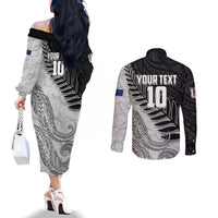 Personalized New Zealand Football Couples Matching Off The Shoulder Long Sleeve Dress and Long Sleeve Button Shirt Kiwi Mascot with Silver Fern - Maori Tribal Tattoo Art TS04 - Polynesian Pride