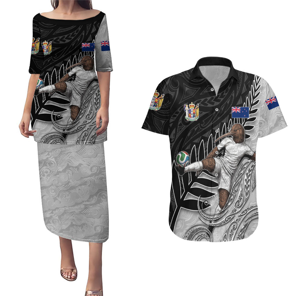 Personalized New Zealand Football Couples Matching Puletasi and Hawaiian Shirt Kiwi Mascot with Silver Fern - Maori Tribal Tattoo Art