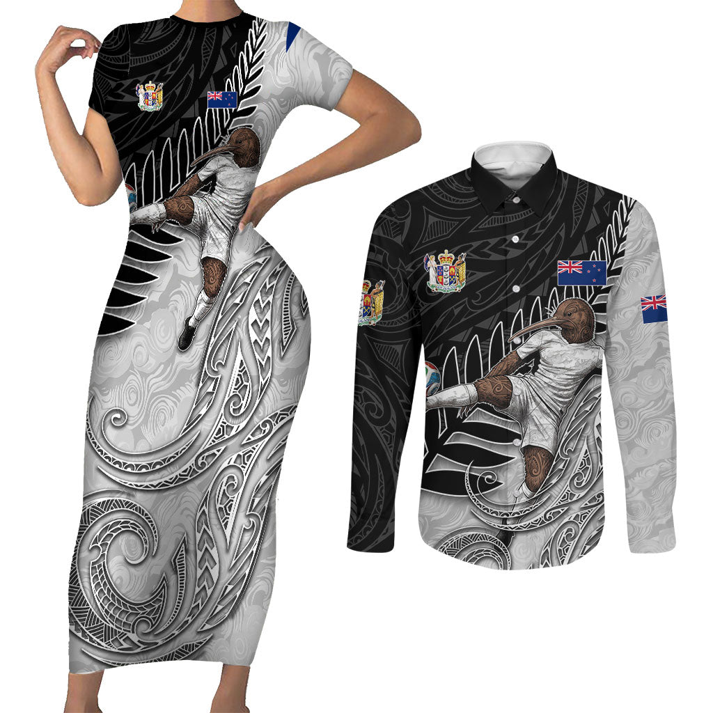 Personalized New Zealand Football Couples Matching Short Sleeve Bodycon Dress and Long Sleeve Button Shirt Kiwi Mascot with Silver Fern - Maori Tribal Tattoo Art TS04 Black White - Polynesian Pride