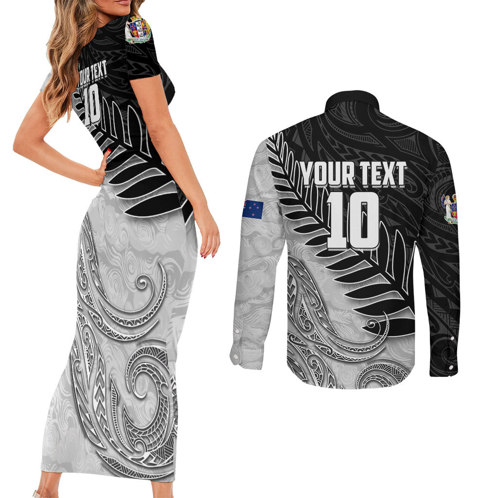 Personalized New Zealand Football Couples Matching Short Sleeve Bodycon Dress and Long Sleeve Button Shirt Kiwi Mascot with Silver Fern - Maori Tribal Tattoo Art TS04 - Polynesian Pride