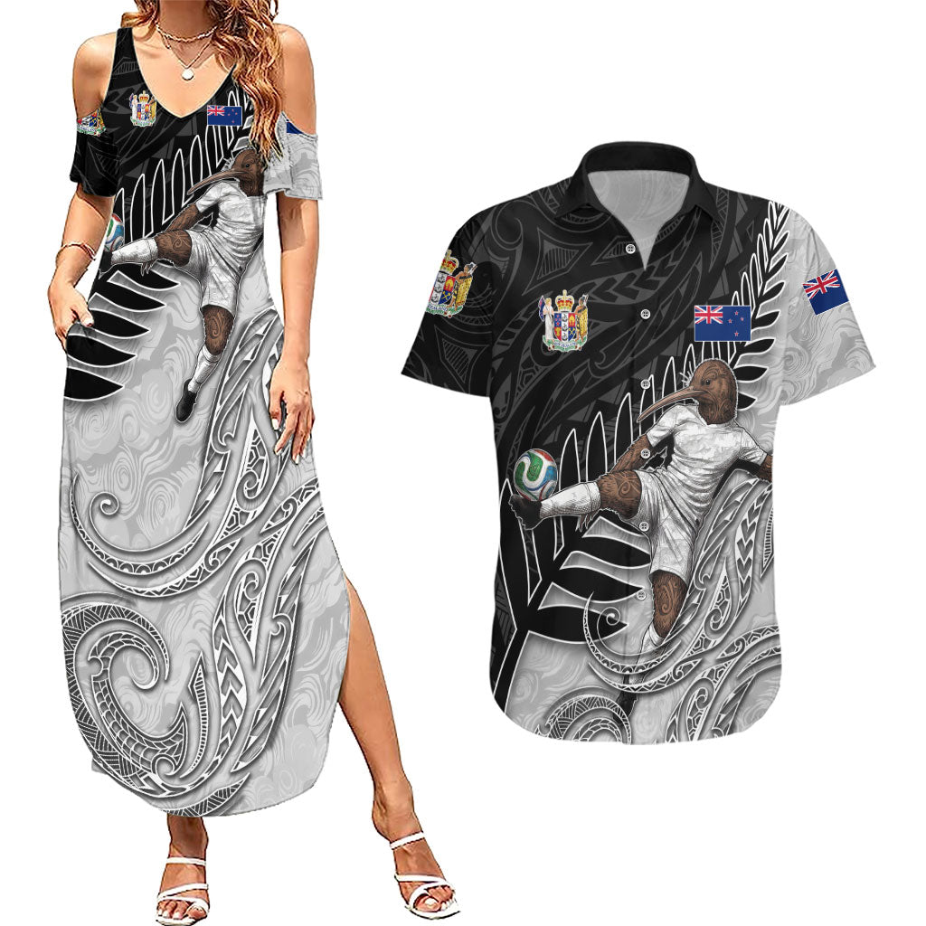 Personalized New Zealand Football Couples Matching Summer Maxi Dress and Hawaiian Shirt Kiwi Mascot with Silver Fern - Maori Tribal Tattoo Art