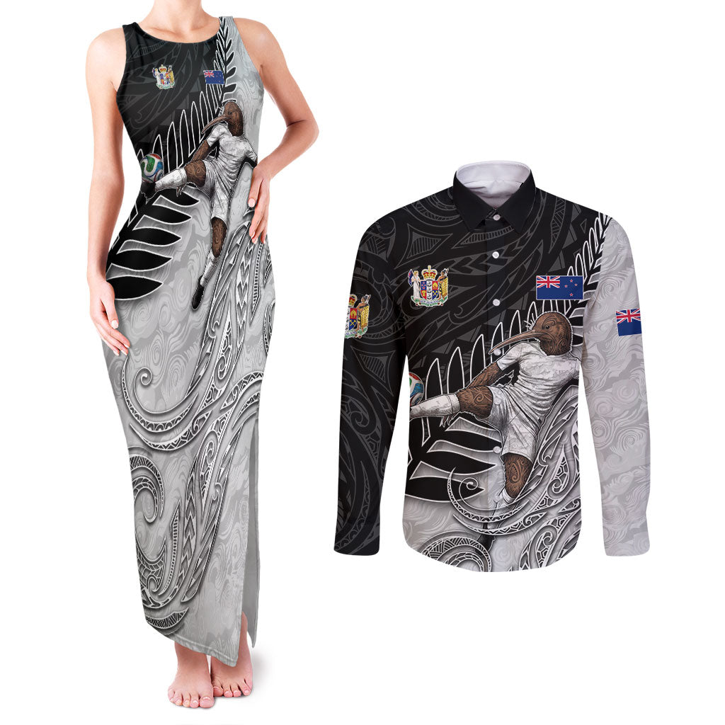 Personalized New Zealand Football Couples Matching Tank Maxi Dress and Long Sleeve Button Shirt Kiwi Mascot with Silver Fern - Maori Tribal Tattoo Art TS04 Black White - Polynesian Pride