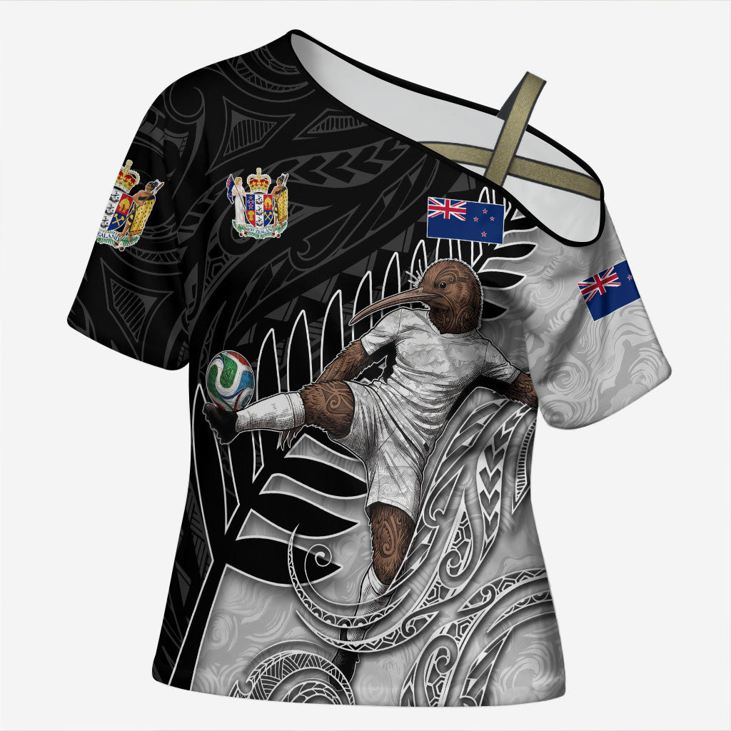 Personalized New Zealand Football Cross Shoulder Shirt Kiwi Mascot with Silver Fern - Maori Tribal Tattoo Art TS04 Female Black White - Polynesian Pride