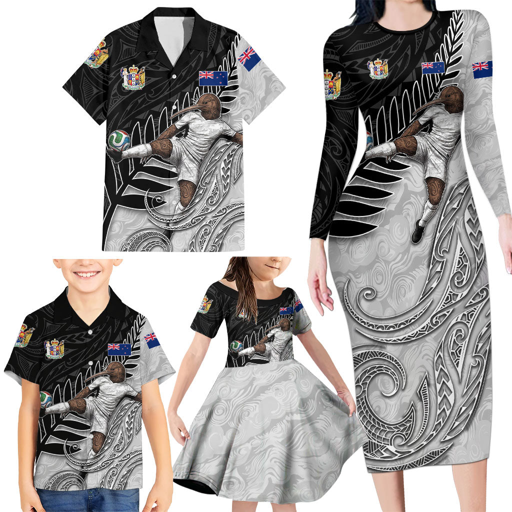 Personalized New Zealand Football Family Matching Long Sleeve Bodycon Dress and Hawaiian Shirt Kiwi Mascot with Silver Fern - Maori Tribal Tattoo Art TS04 - Polynesian Pride