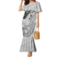 Personalized New Zealand Football Family Matching Mermaid Dress and Hawaiian Shirt Kiwi Mascot with Silver Fern - Maori Tribal Tattoo Art TS04 Mom's Dress Black White - Polynesian Pride