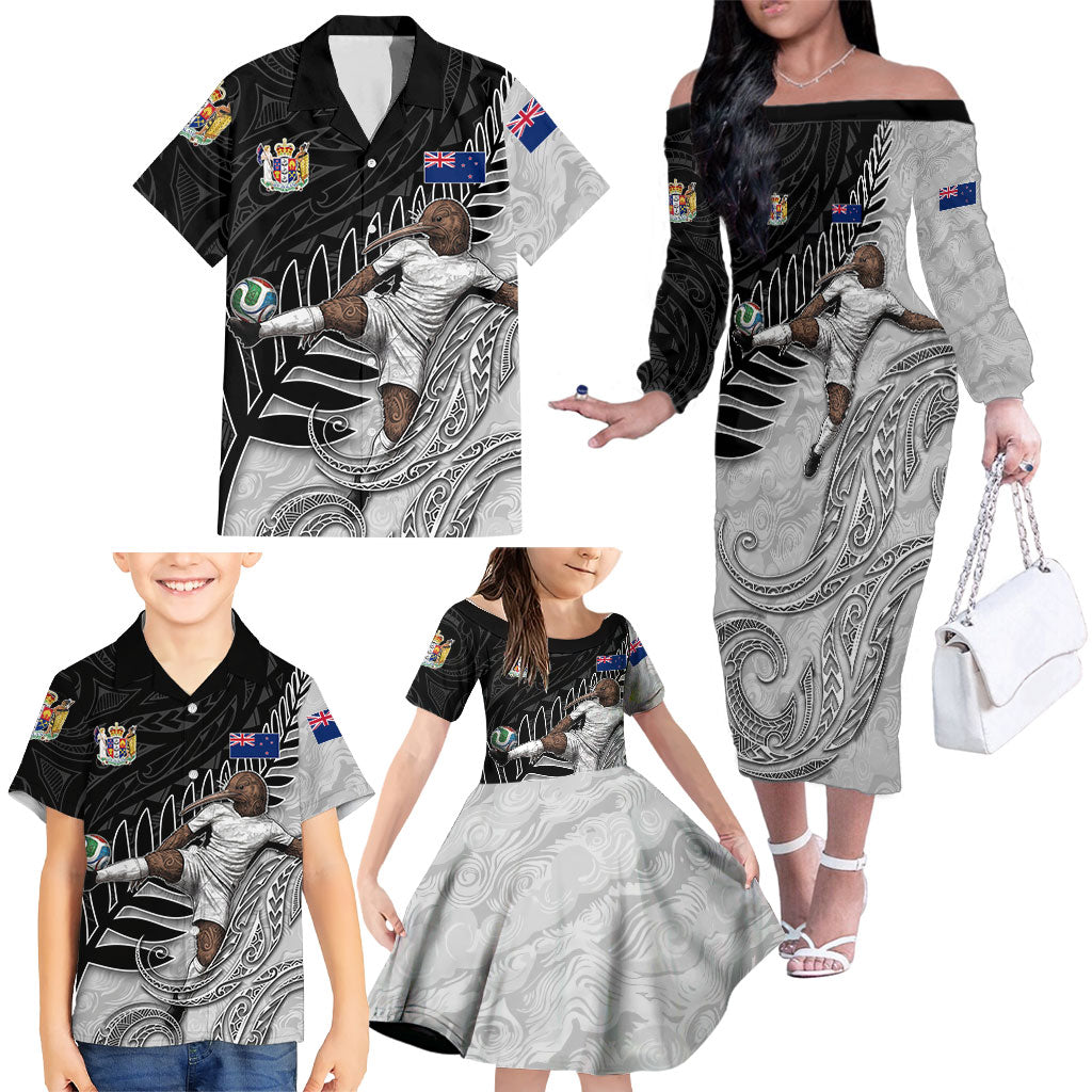 Personalized New Zealand Football Family Matching Off The Shoulder Long Sleeve Dress and Hawaiian Shirt Kiwi Mascot with Silver Fern - Maori Tribal Tattoo Art TS04 - Polynesian Pride