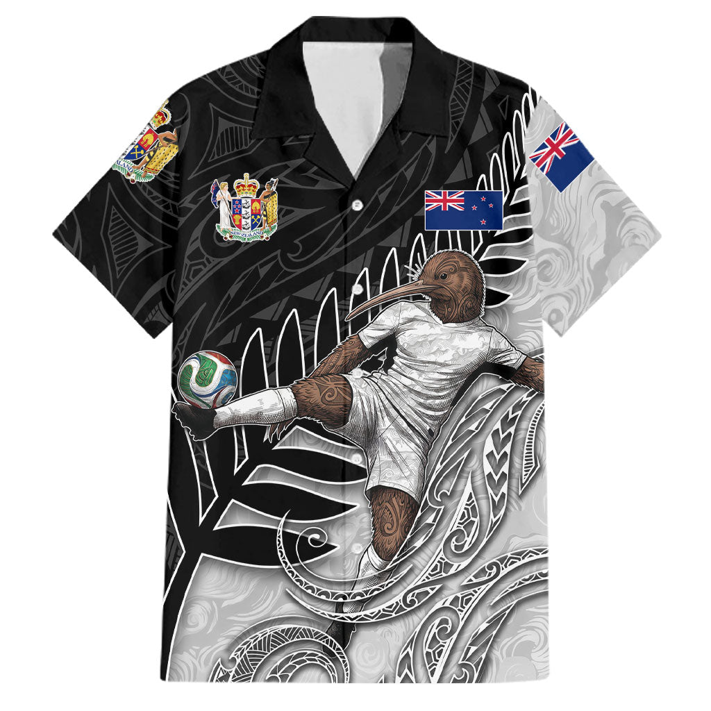 Personalized New Zealand Football Family Matching Off The Shoulder Long Sleeve Dress and Hawaiian Shirt Kiwi Mascot with Silver Fern - Maori Tribal Tattoo Art TS04 Dad's Shirt - Short Sleeve Black White - Polynesian Pride