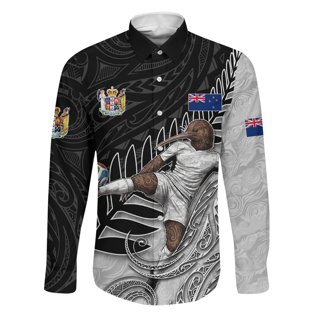 Personalized New Zealand Football Family Matching Puletasi and Hawaiian Shirt Kiwi Mascot with Silver Fern - Maori Tribal Tattoo Art TS04 Dad's Shirt - Long Sleeve Black White - Polynesian Pride