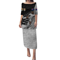Personalized New Zealand Football Family Matching Puletasi and Hawaiian Shirt Kiwi Mascot with Silver Fern - Maori Tribal Tattoo Art TS04 Mom's Dress Black White - Polynesian Pride
