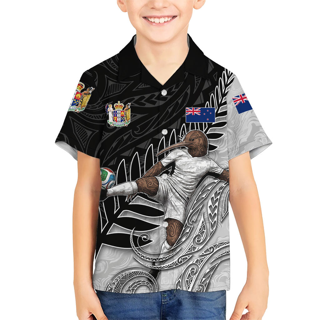 Personalized New Zealand Football Family Matching Puletasi and Hawaiian Shirt Kiwi Mascot with Silver Fern - Maori Tribal Tattoo Art TS04 Son's Shirt Black White - Polynesian Pride