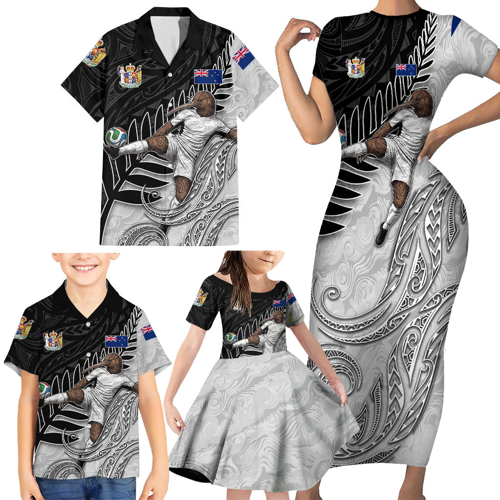 Personalized New Zealand Football Family Matching Short Sleeve Bodycon Dress and Hawaiian Shirt Kiwi Mascot with Silver Fern - Maori Tribal Tattoo Art TS04 - Polynesian Pride