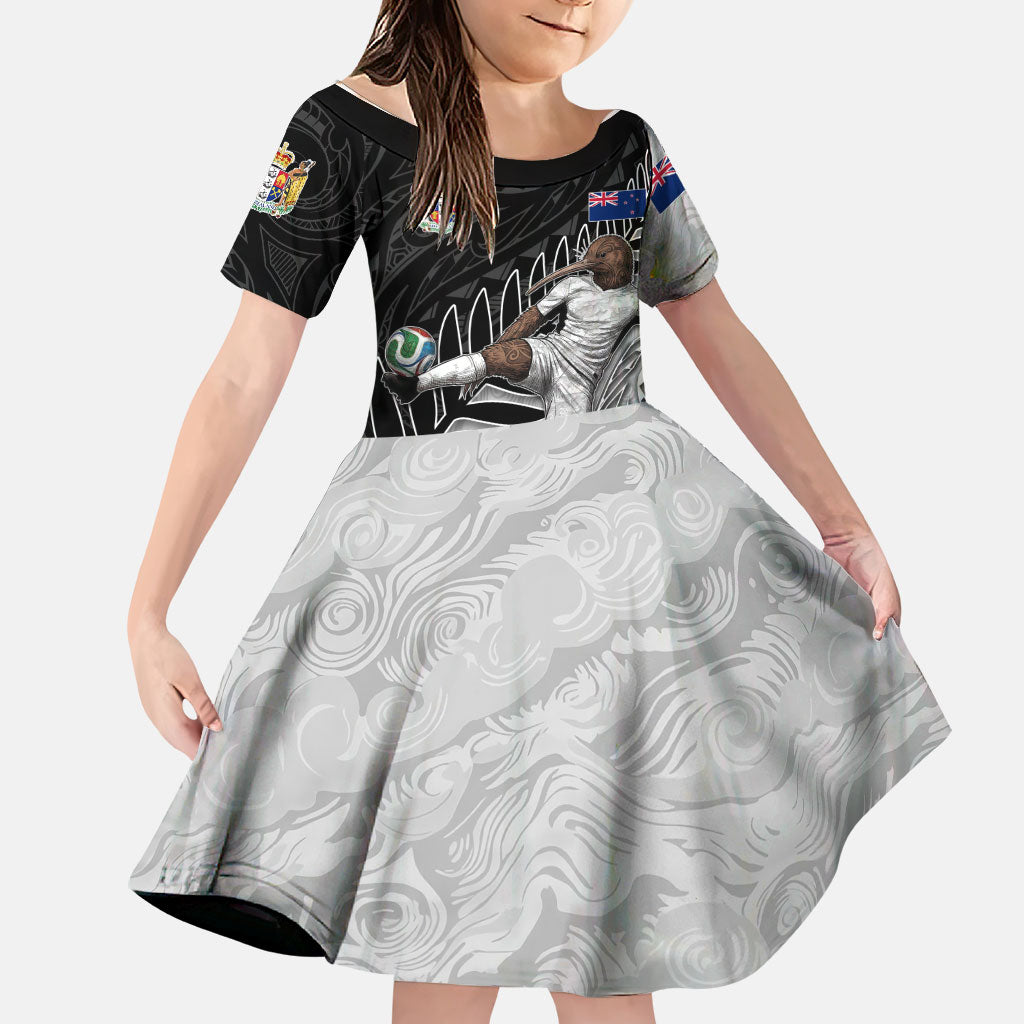 Personalized New Zealand Football Family Matching Tank Maxi Dress and Hawaiian Shirt Kiwi Mascot with Silver Fern - Maori Tribal Tattoo Art TS04 Daughter's Dress Black White - Polynesian Pride