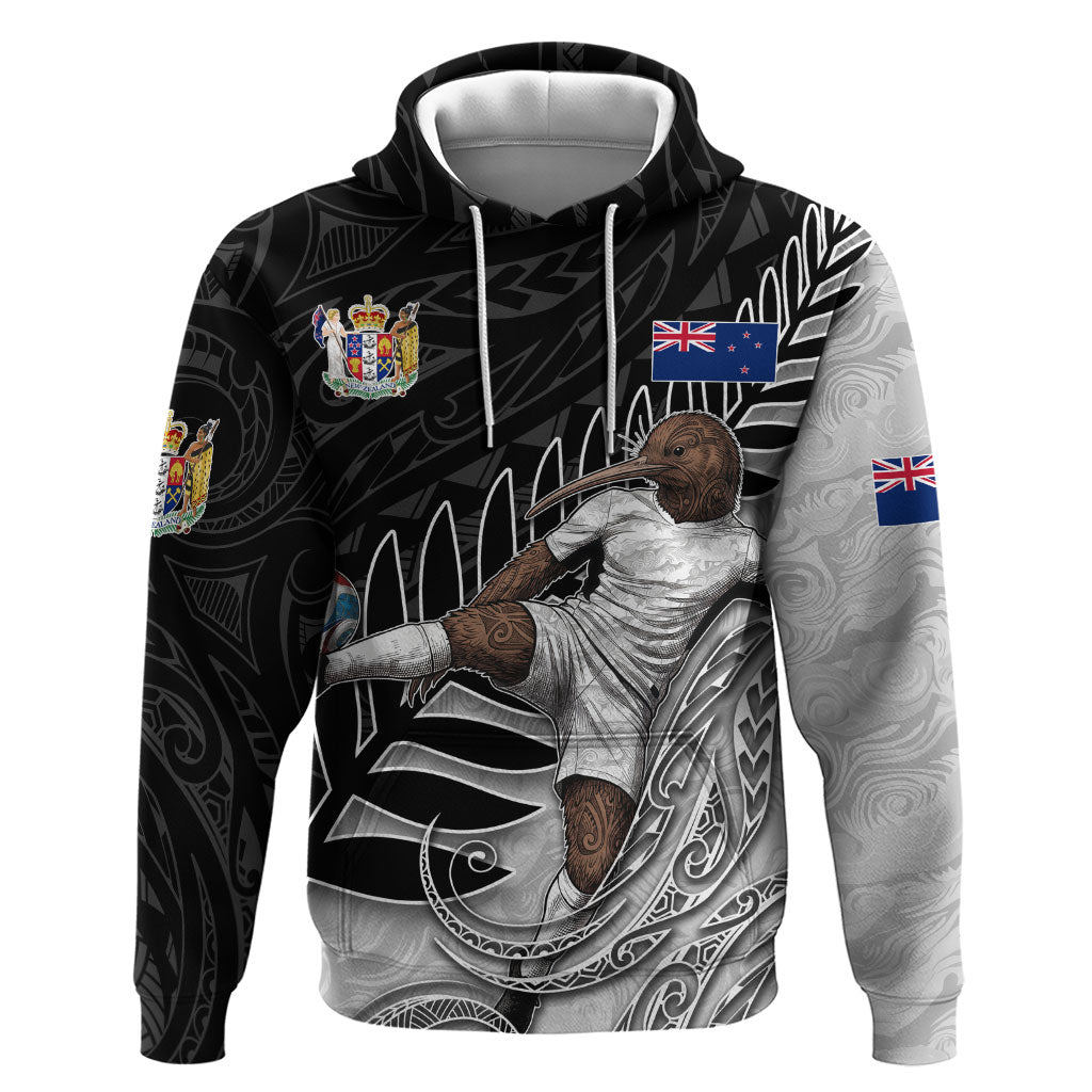 Personalized New Zealand Football Hoodie Kiwi Mascot with Silver Fern - Maori Tribal Tattoo Art TS04 Pullover Hoodie Black White - Polynesian Pride