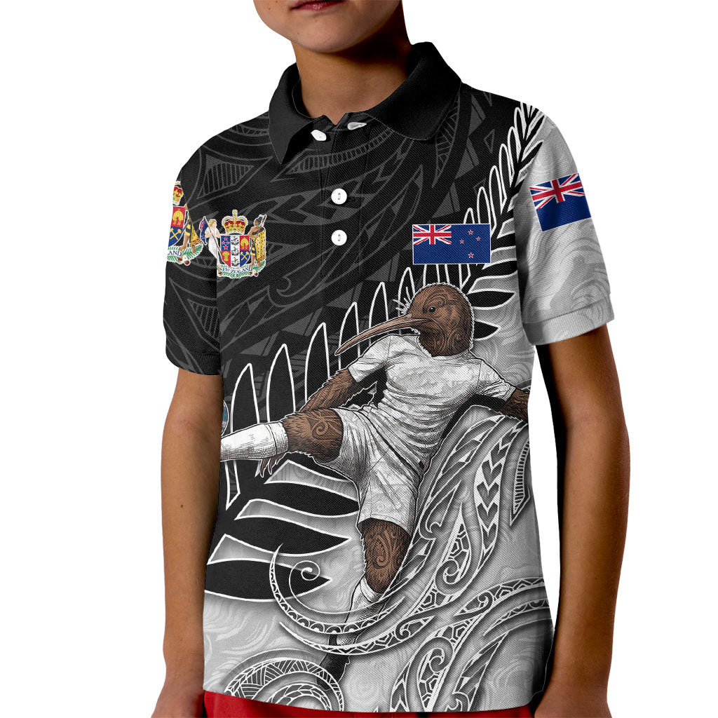 Personalized New Zealand Football Kid Polo Shirt Kiwi Mascot with Silver Fern - Maori Tribal Tattoo Art TS04 Kid Black White - Polynesian Pride