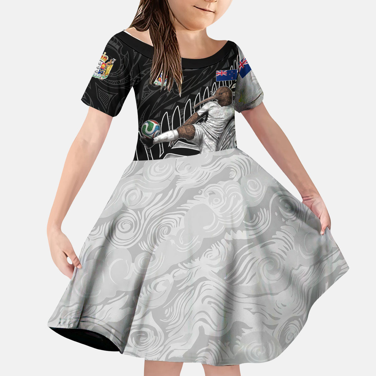 Personalized New Zealand Football Kid Short Sleeve Dress Kiwi Mascot with Silver Fern - Maori Tribal Tattoo Art TS04 KID Black White - Polynesian Pride