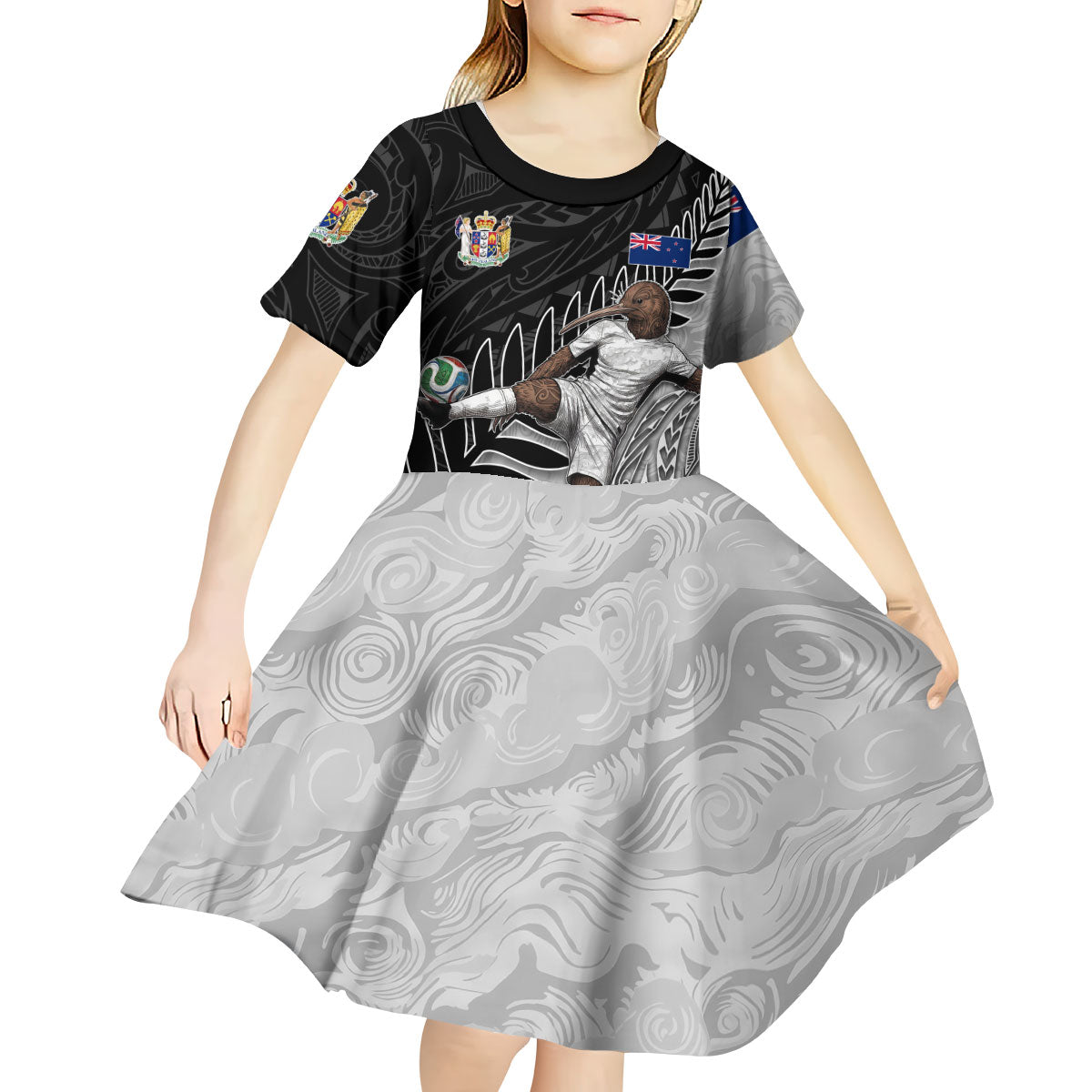 Personalized New Zealand Football Kid Short Sleeve Dress Kiwi Mascot with Silver Fern - Maori Tribal Tattoo Art TS04 - Polynesian Pride