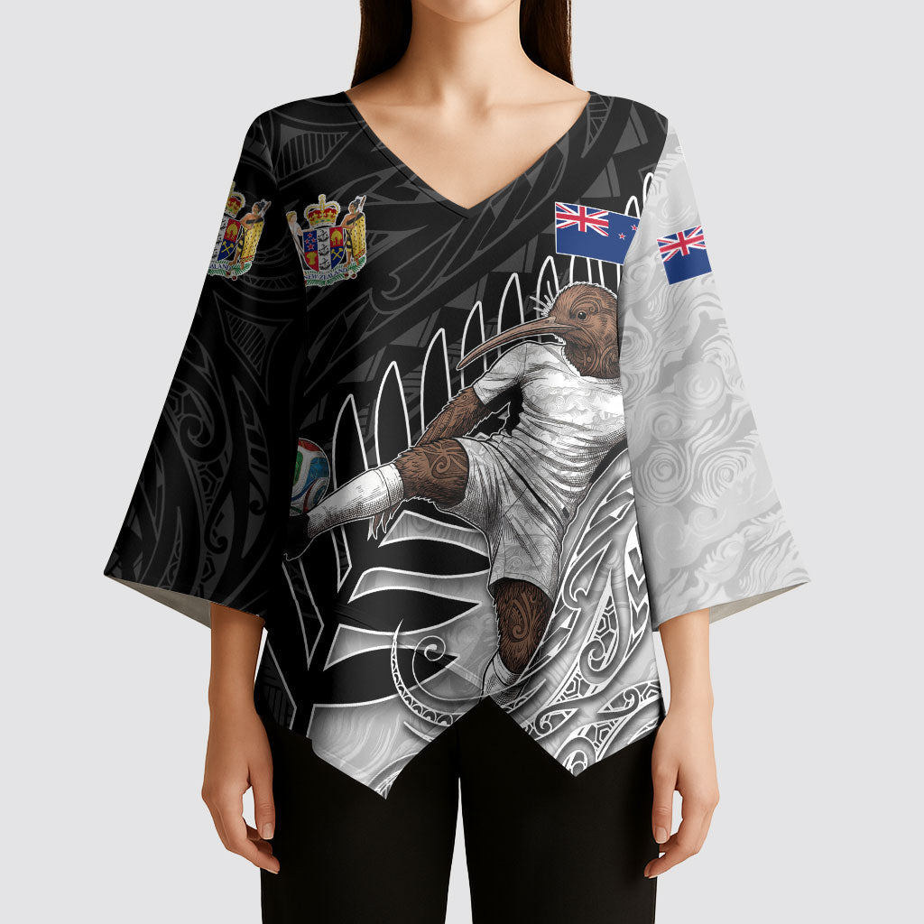 Personalized New Zealand Football Kimono Sleeve Blouse Kiwi Mascot with Silver Fern - Maori Tribal Tattoo Art