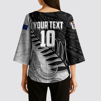 Personalized New Zealand Football Kimono Sleeve Blouse Kiwi Mascot with Silver Fern - Maori Tribal Tattoo Art