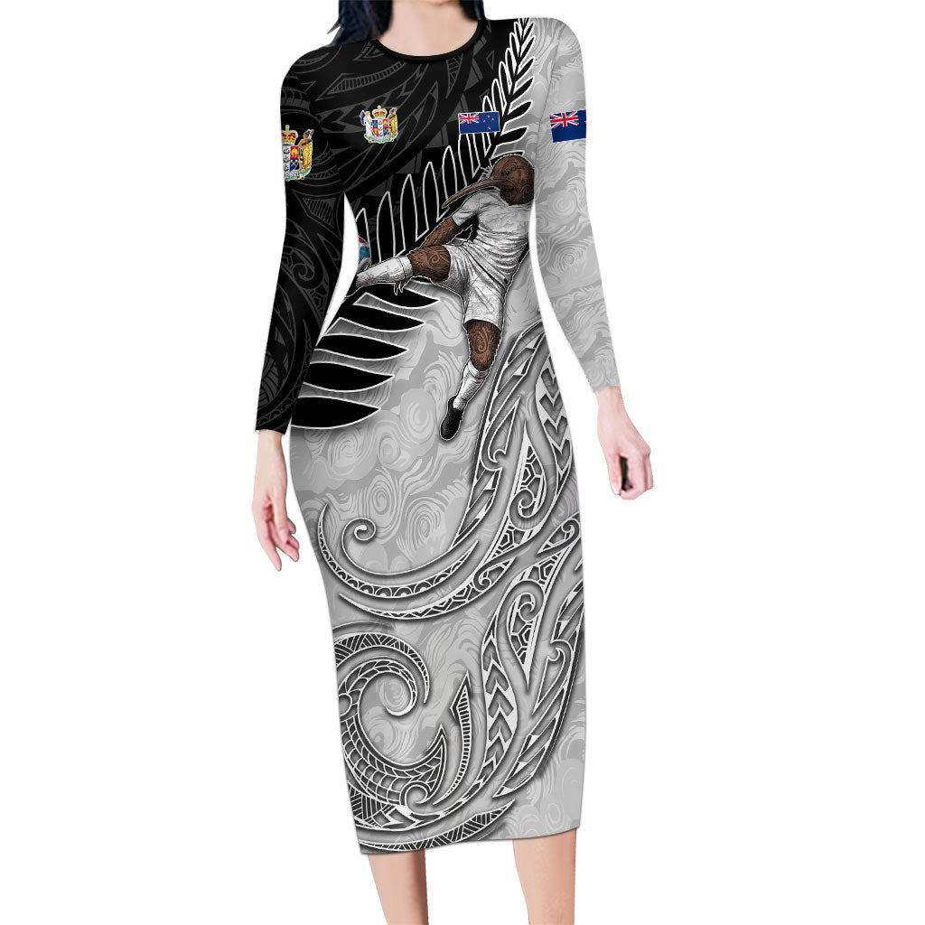 Personalized New Zealand Football Long Sleeve Bodycon Dress Kiwi Mascot with Silver Fern - Maori Tribal Tattoo Art