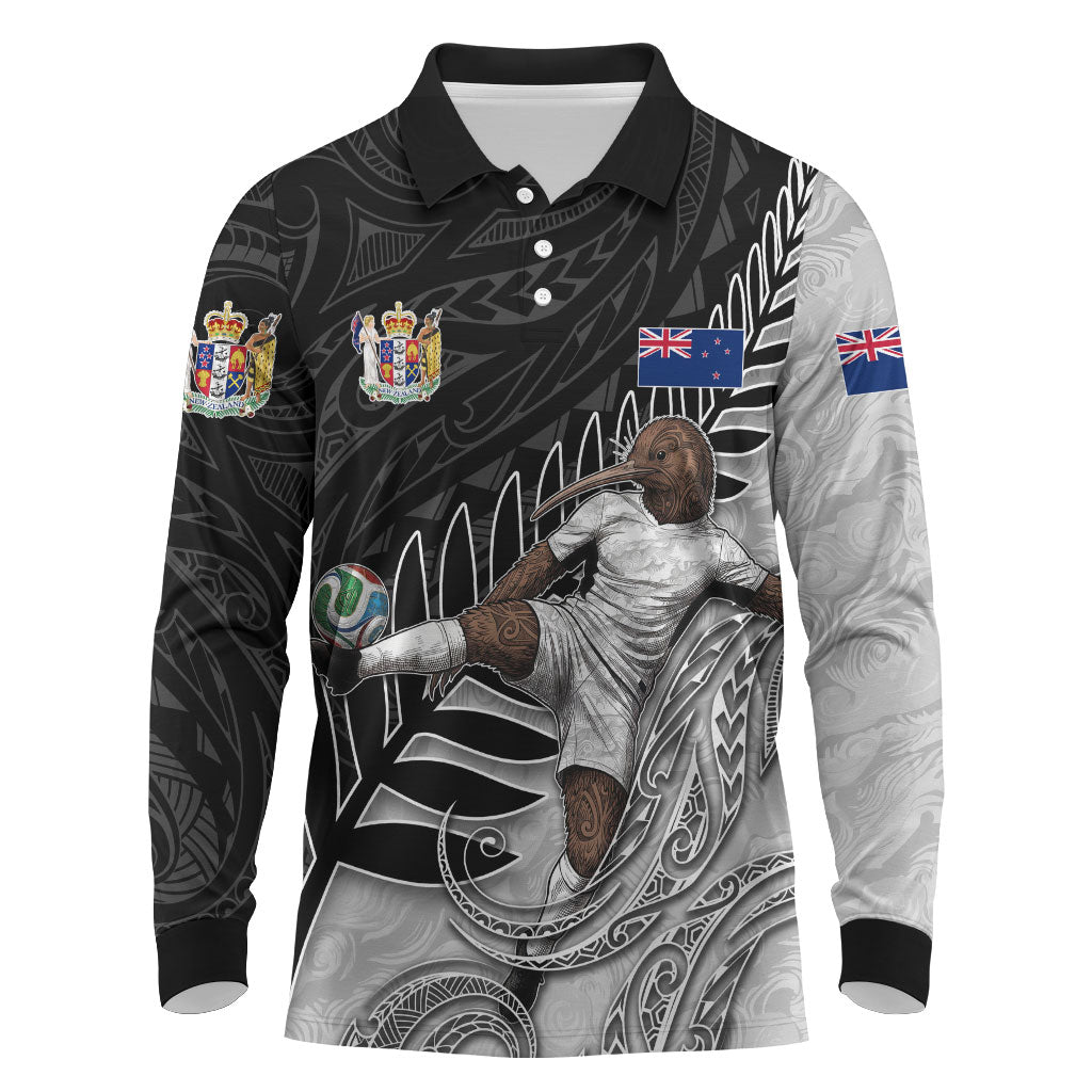 Personalized New Zealand Football Long Sleeve Polo Shirt Kiwi Mascot with Silver Fern - Maori Tribal Tattoo Art