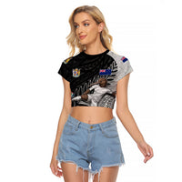 Personalized New Zealand Football Raglan Cropped T Shirt Kiwi Mascot with Silver Fern - Maori Tribal Tattoo Art TS04 Female Black White - Polynesian Pride