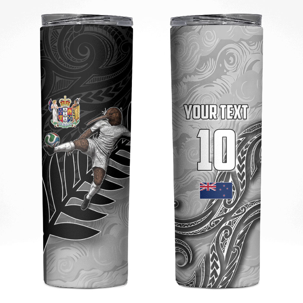 Personalized New Zealand Football Skinny Tumbler Kiwi Mascot with Silver Fern - Maori Tribal Tattoo Art TS04 Black White - Polynesian Pride