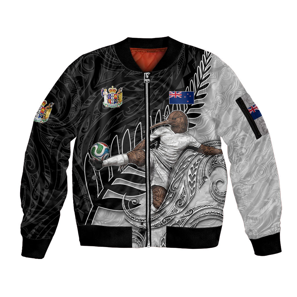 Personalized New Zealand Football Sleeve Zip Bomber Jacket Kiwi Mascot with Silver Fern - Maori Tribal Tattoo Art TS04 Unisex Black White - Polynesian Pride