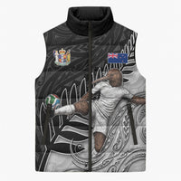 Personalized New Zealand Football Sleeveless Puffer Jacket Kiwi Mascot with Silver Fern - Maori Tribal Tattoo Art TS04 Unisex Black White - Polynesian Pride