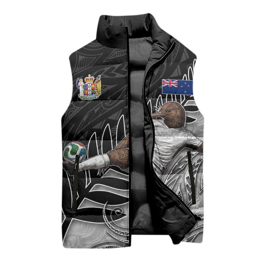 Personalized New Zealand Football Sleeveless Puffer Jacket Kiwi Mascot with Silver Fern - Maori Tribal Tattoo Art TS04 - Polynesian Pride
