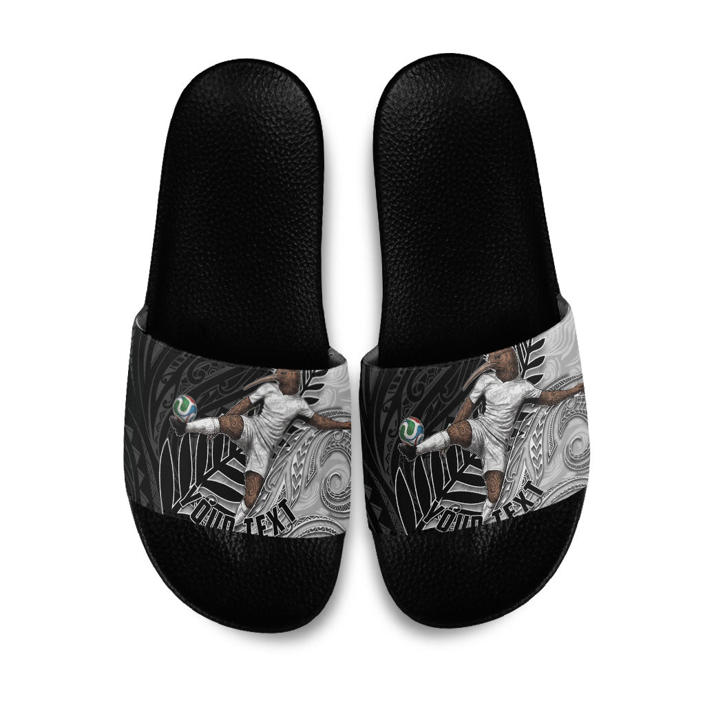 Personalized New Zealand Football Slide Sandals Kiwi Mascot with Silver Fern - Maori Tribal Tattoo Art TS04 Black White - Polynesian Pride