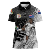 Personalized New Zealand Football Women Polo Shirt Kiwi Mascot with Silver Fern - Maori Tribal Tattoo Art TS04 Female Black White - Polynesian Pride