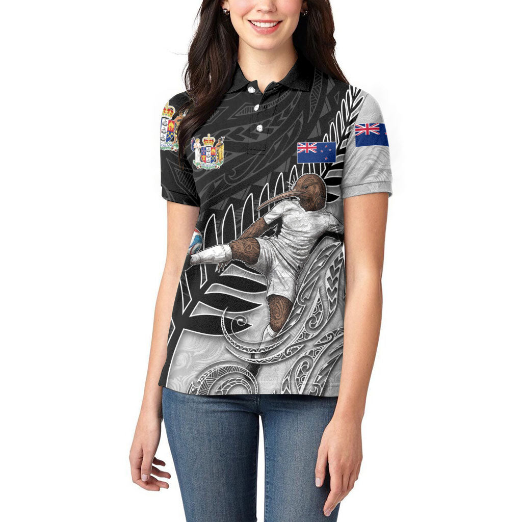 Personalized New Zealand Football Women Polo Shirt Kiwi Mascot with Silver Fern - Maori Tribal Tattoo Art TS04 - Polynesian Pride