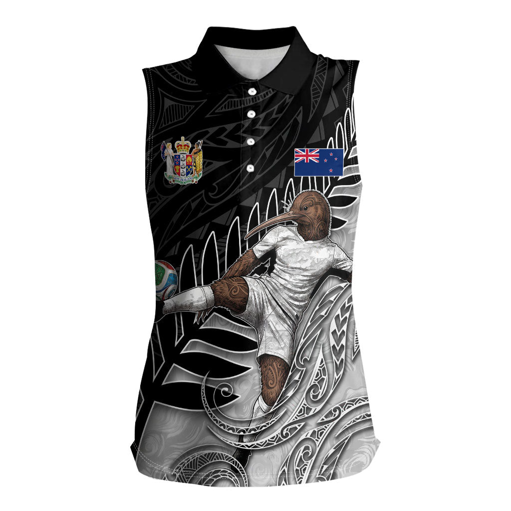 Personalized New Zealand Football Women Sleeveless Polo Shirt Kiwi Mascot with Silver Fern - Maori Tribal Tattoo Art