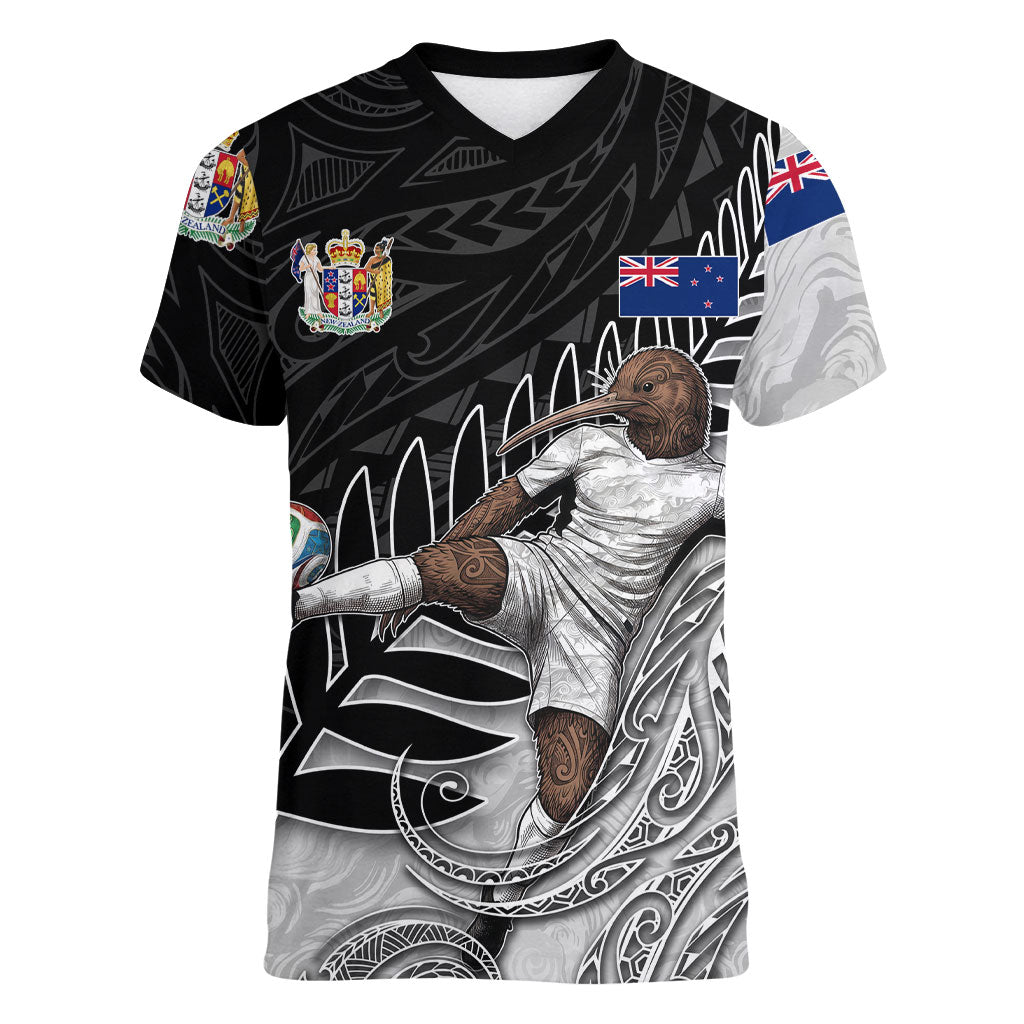 Personalized New Zealand Football Women V-Neck T-Shirt Kiwi Mascot with Silver Fern - Maori Tribal Tattoo Art TS04 Female Black White - Polynesian Pride