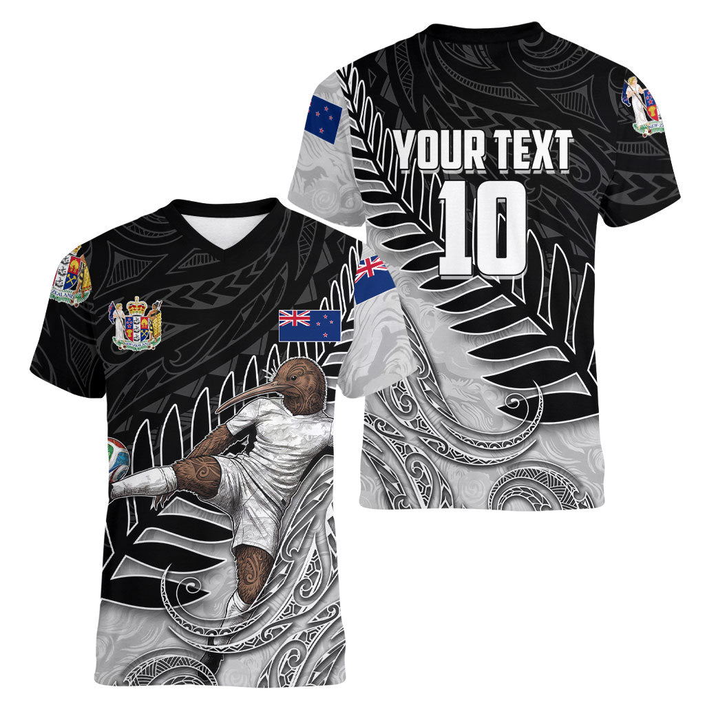 Personalized New Zealand Football Women V-Neck T-Shirt Kiwi Mascot with Silver Fern - Maori Tribal Tattoo Art TS04 - Polynesian Pride