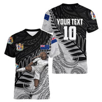 Personalized New Zealand Football Women V-Neck T-Shirt Kiwi Mascot with Silver Fern - Maori Tribal Tattoo Art TS04 - Polynesian Pride