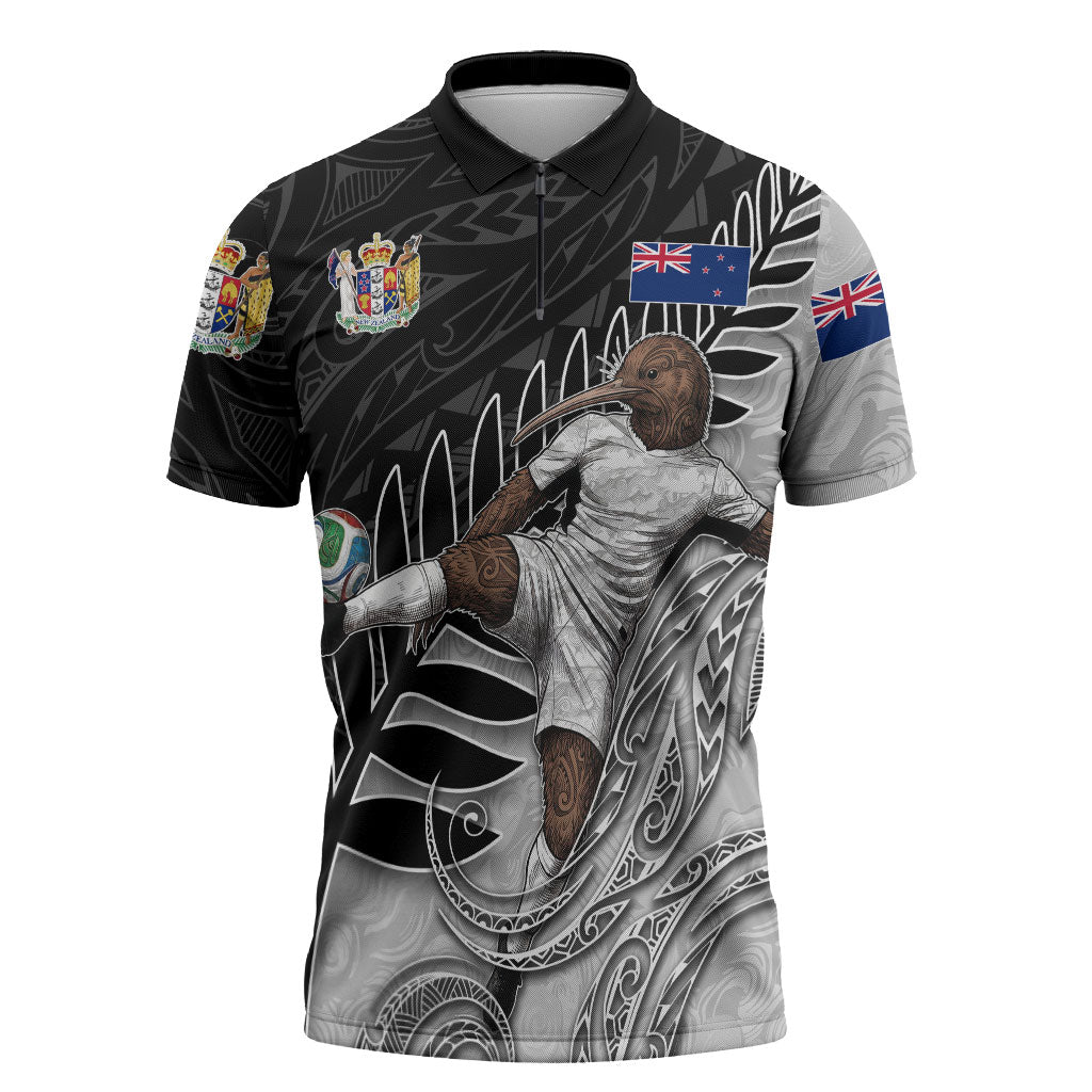 Personalized New Zealand Football Zipper Polo Shirt Kiwi Mascot with Silver Fern - Maori Tribal Tattoo Art