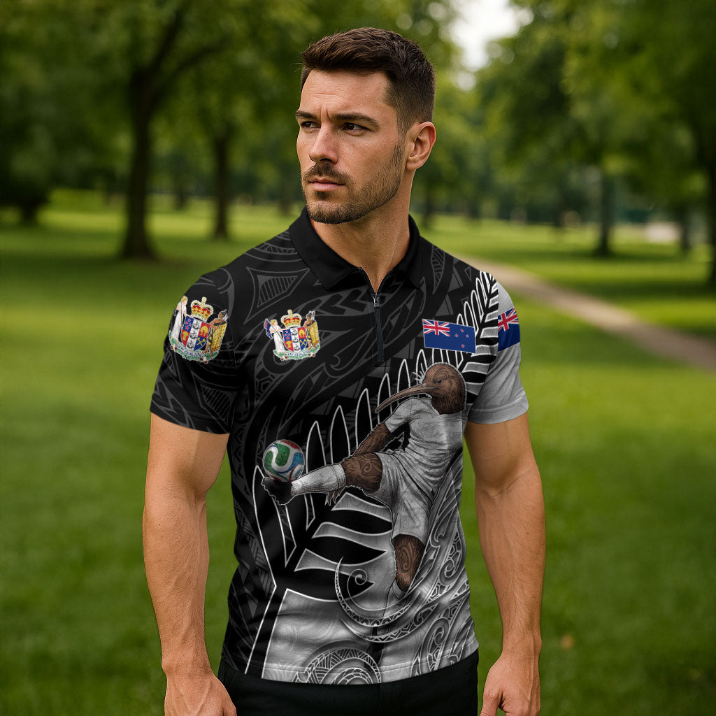 Personalized New Zealand Football Zipper Polo Shirt Kiwi Mascot with Silver Fern - Maori Tribal Tattoo Art