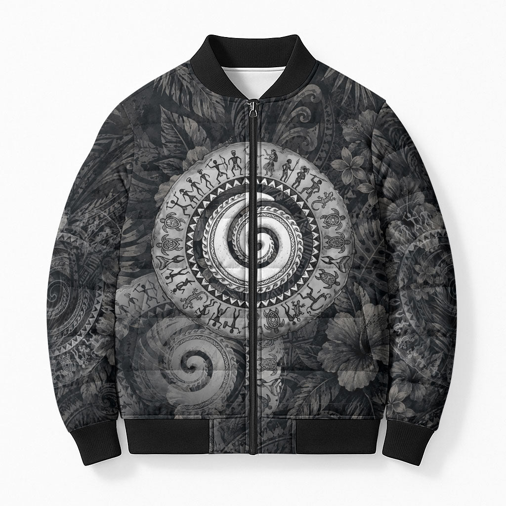 Hawaiian Piko Bomber Puffer Jacket Cultural Anchor Connect Your Roots Ocean Waves TS04 Unisex Black Grey - Polynesian Pride