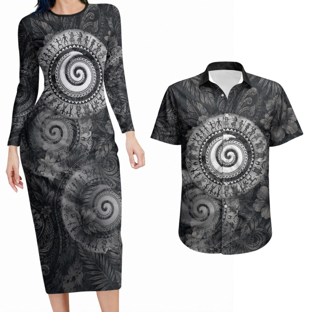 Hawaiian Piko Couples Matching Long Sleeve Bodycon Dress and Hawaiian Shirt Cultural Anchor Connect Your Roots Ocean Waves