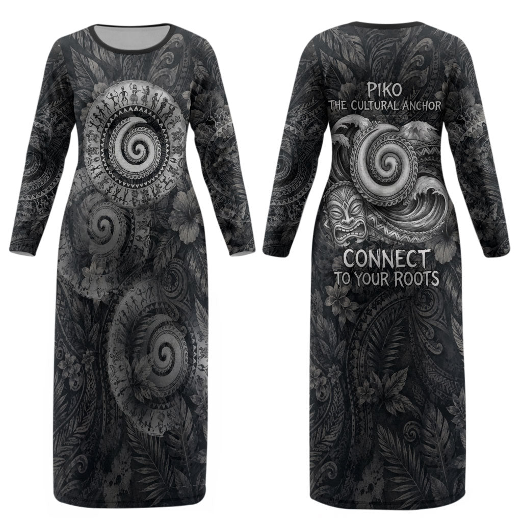 Hawaiian Piko Couples Matching Long Sleeve Bodycon Dress and Hawaiian Shirt Cultural Anchor Connect Your Roots Ocean Waves